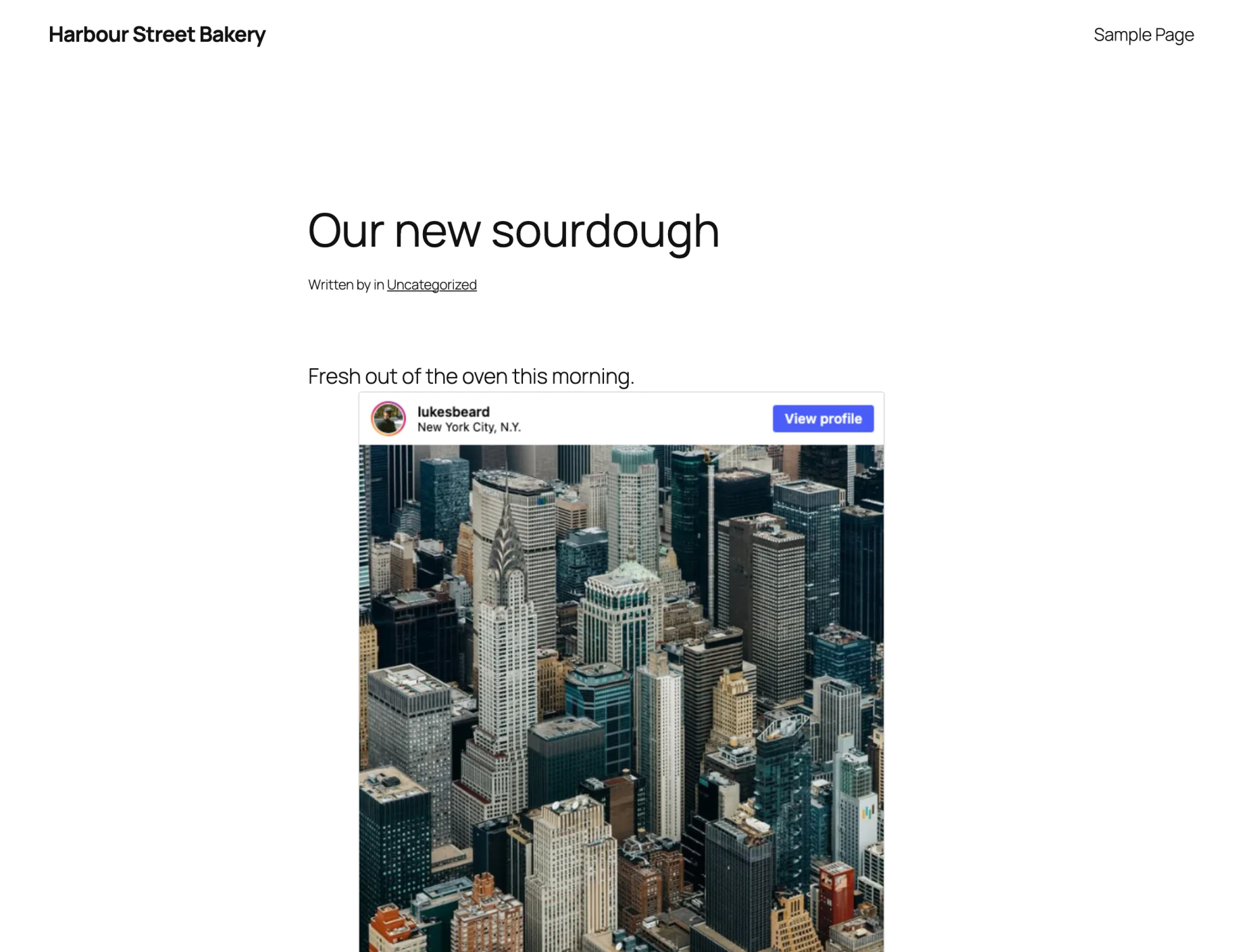 An Instagram post embedded in a WordPress post with a Custom HTML block
