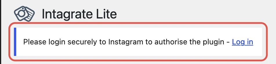 The Intagrate Lite settings page before connecting, with the Log in link