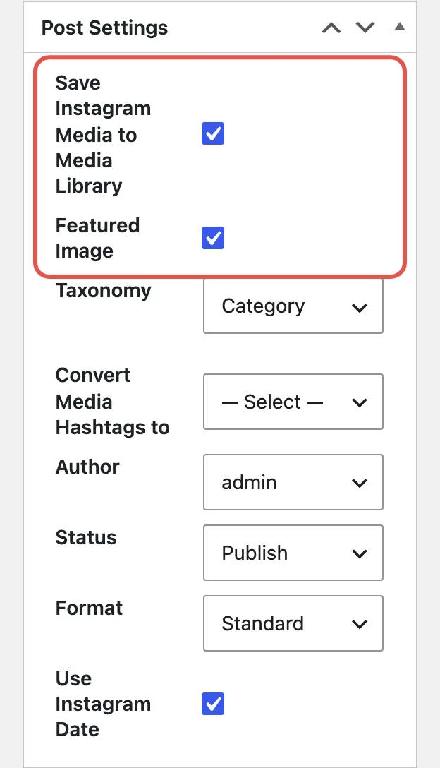 Intagrate Pro's Post Settings box with Save Instagram Media to Media Library and Featured Image ticked