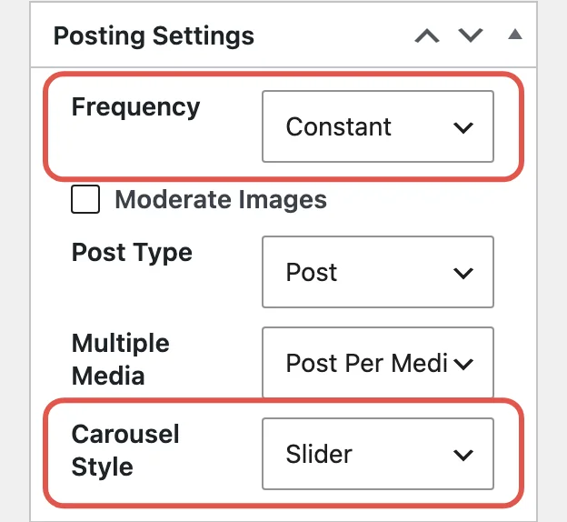Intagrate Pro's Posting Settings box, with the Frequency and Carousel Style settings outlined