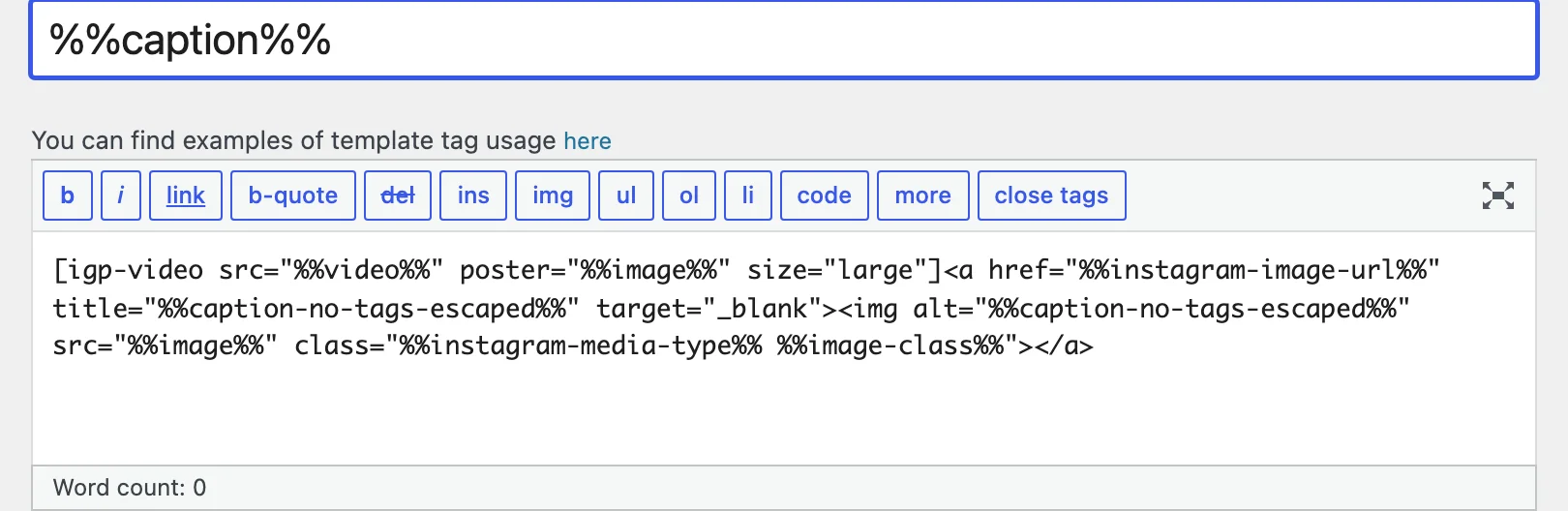 The default content of a new Intagrate Pro account, with the igp-video shortcode first