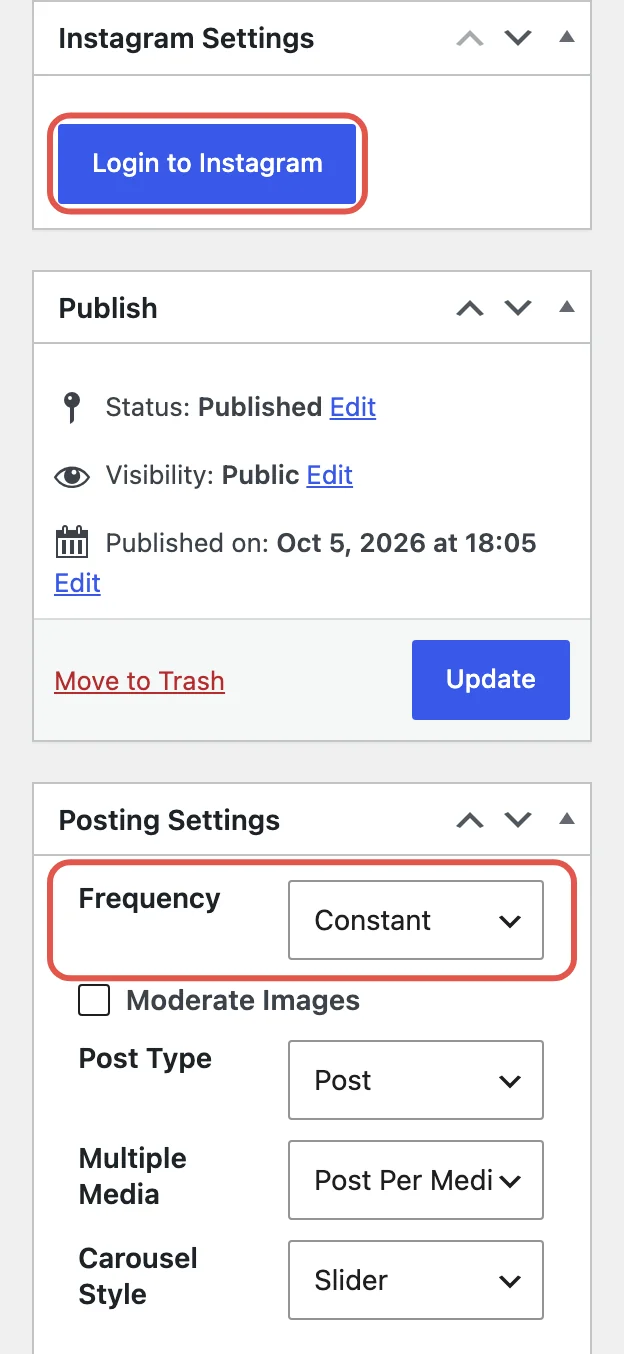 An Intagrate Pro account's edit screen, with the Login to Instagram button and the Frequency setting